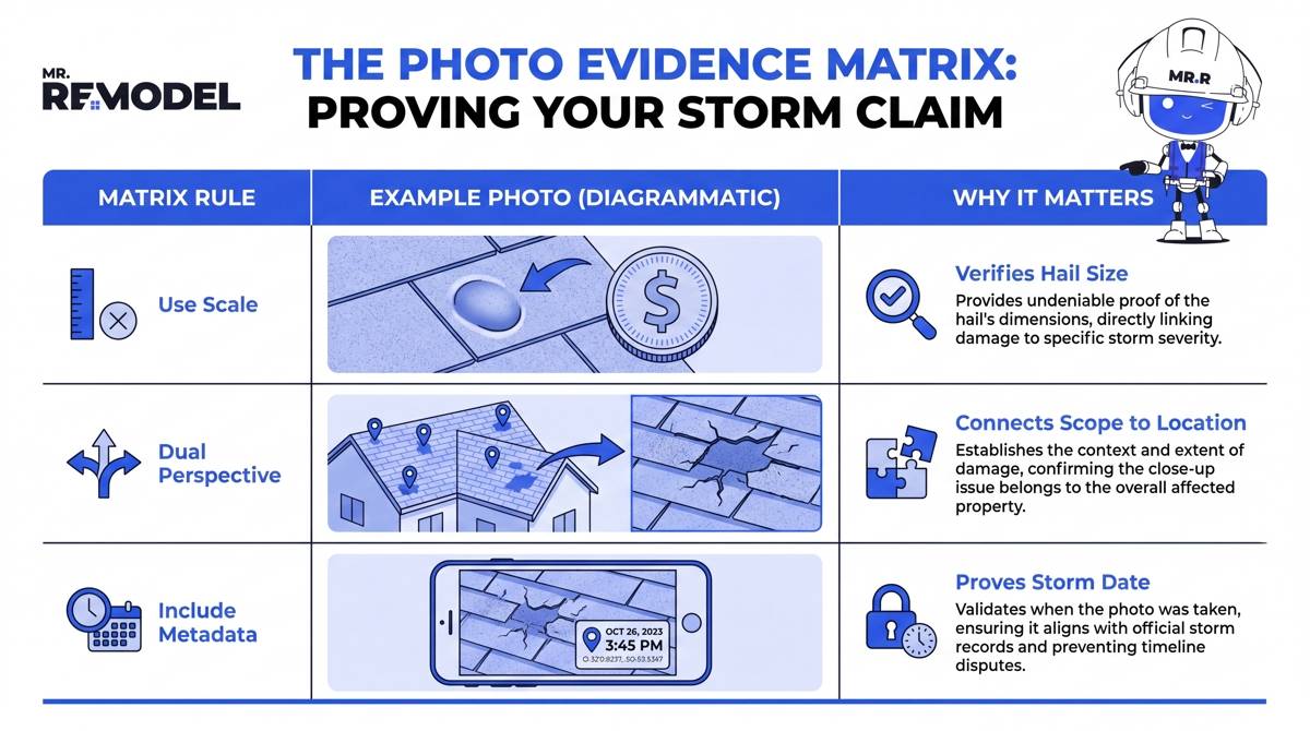 A high-visibility graphic demonstrating the three golden rules of photo evidence for adjusters: (1) Use a Scale Reference (tape measure/coin next to damage), (2) Dual-Perspective (wide shot + close-up), and (3) Metadata (integrated time/date stamp). This directly addresses the "organizational standards."